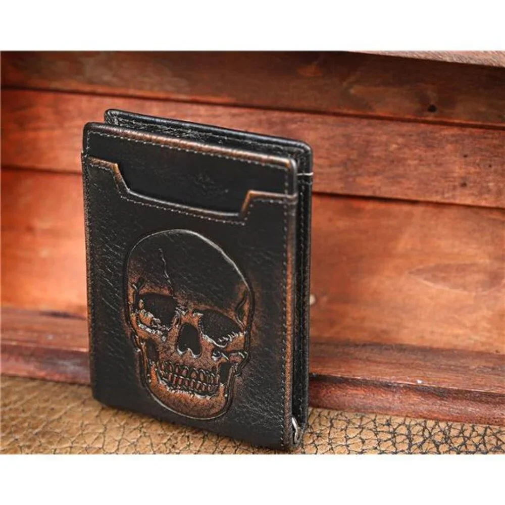 Skull Wallet for Men with Money Clip Genuine Leather Bifold RFID Blocking Mens